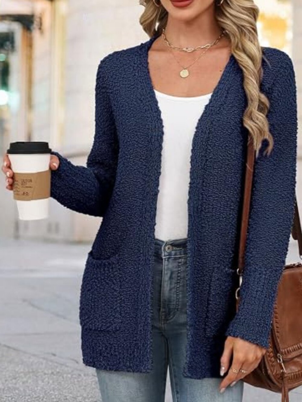 Womens Popcorn Fuzzy Knit Cardigan Open Front Long Sweaters for Fall Winter